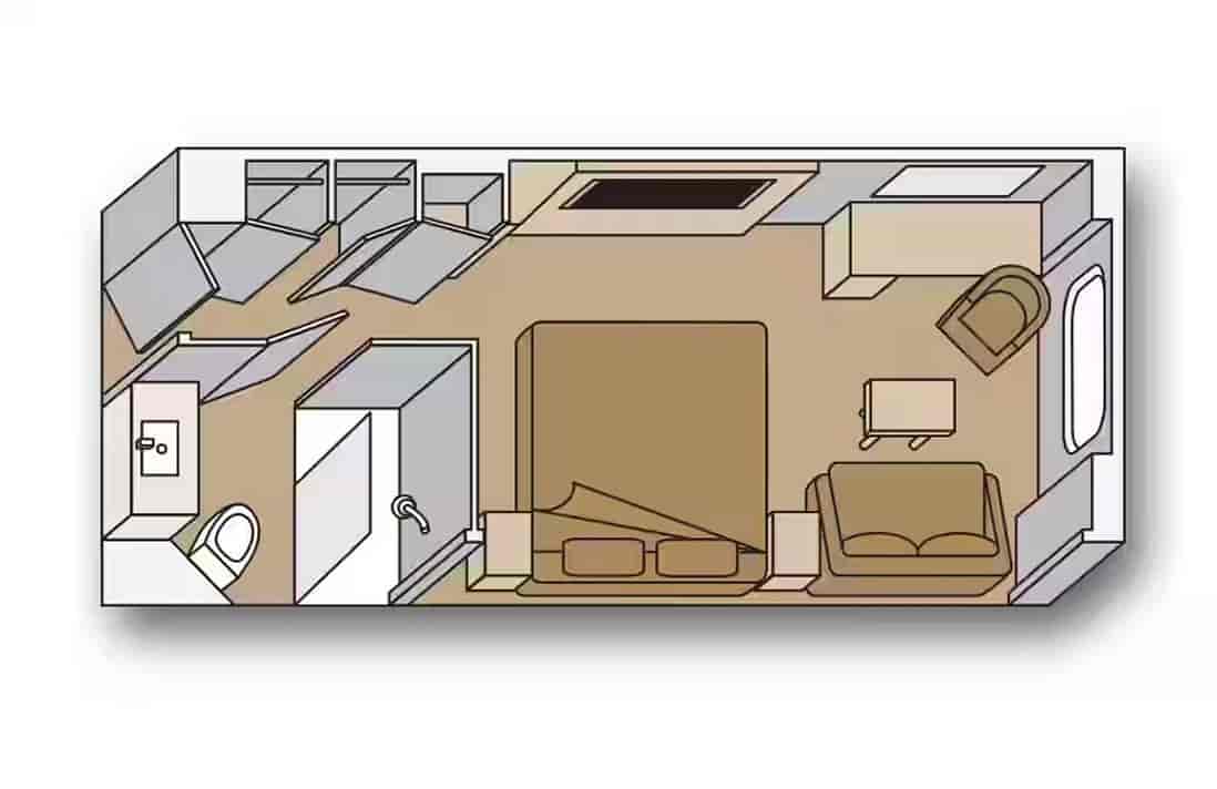 Floor plan of Ocean View stateroom layout featuring bed, seating area, and bathroom aboard a Holland America cruise ship.