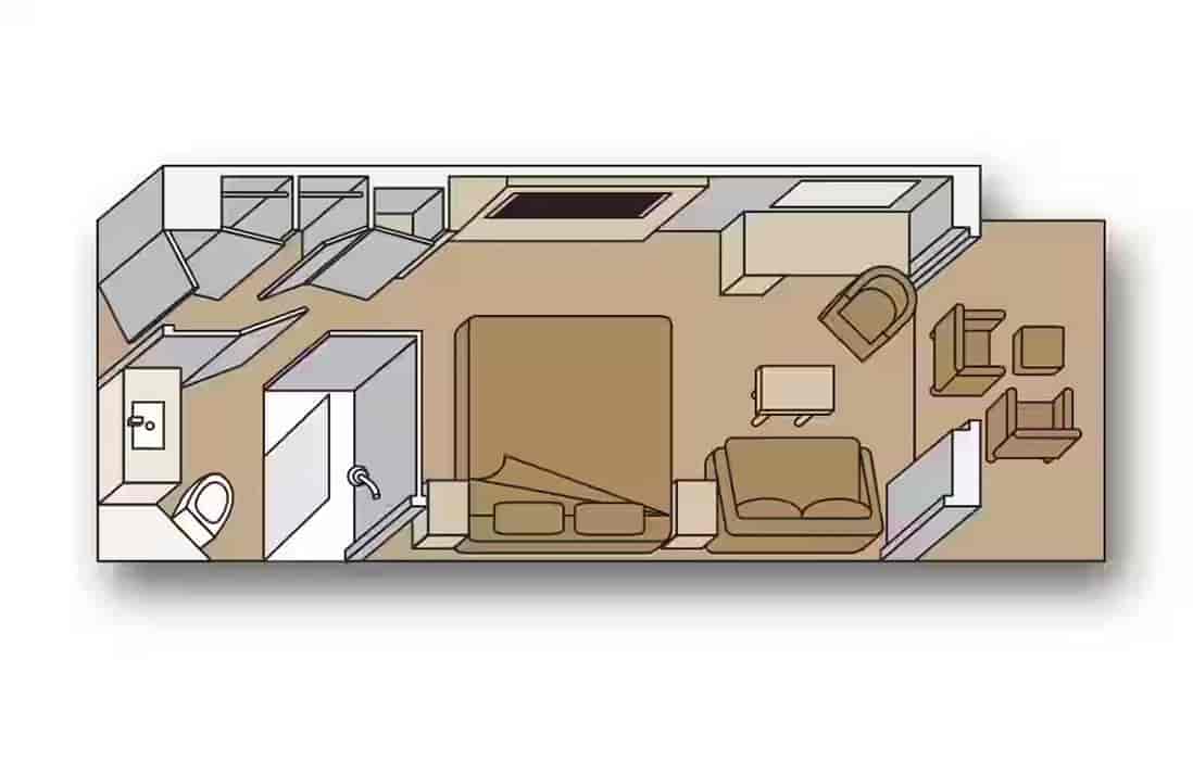 Floor plan of Verandah stateroom layout featuring bed, sitting area, and balcony aboard a Holland America cruise ship.