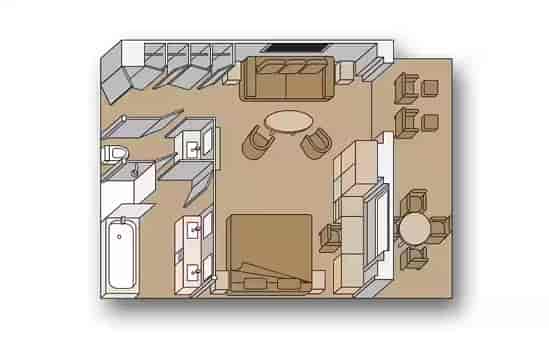 Floor plan of Neptune Suite layout with bedroom, living area, and balcony space aboard a Holland America cruise ship.