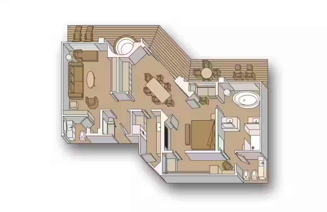 Pinnacle Suite floor plan with bedroom, living area, bathroom, closet, and private balcony with whirlpool.