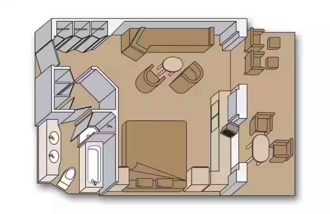 Neptune Suite floor plan showing bedroom, seating area, bathroom, and balcony layout aboard a Holland America cruise ship.