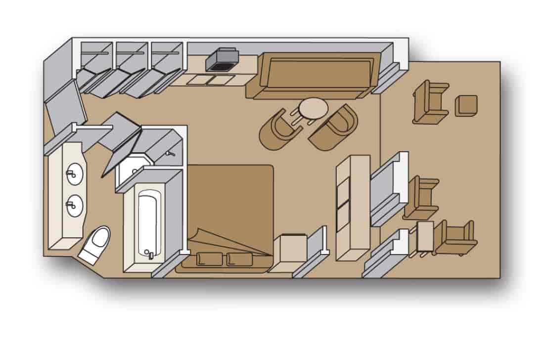 Signature Suite floor plan showing bedroom, seating area, bathroom, and balcony layout.