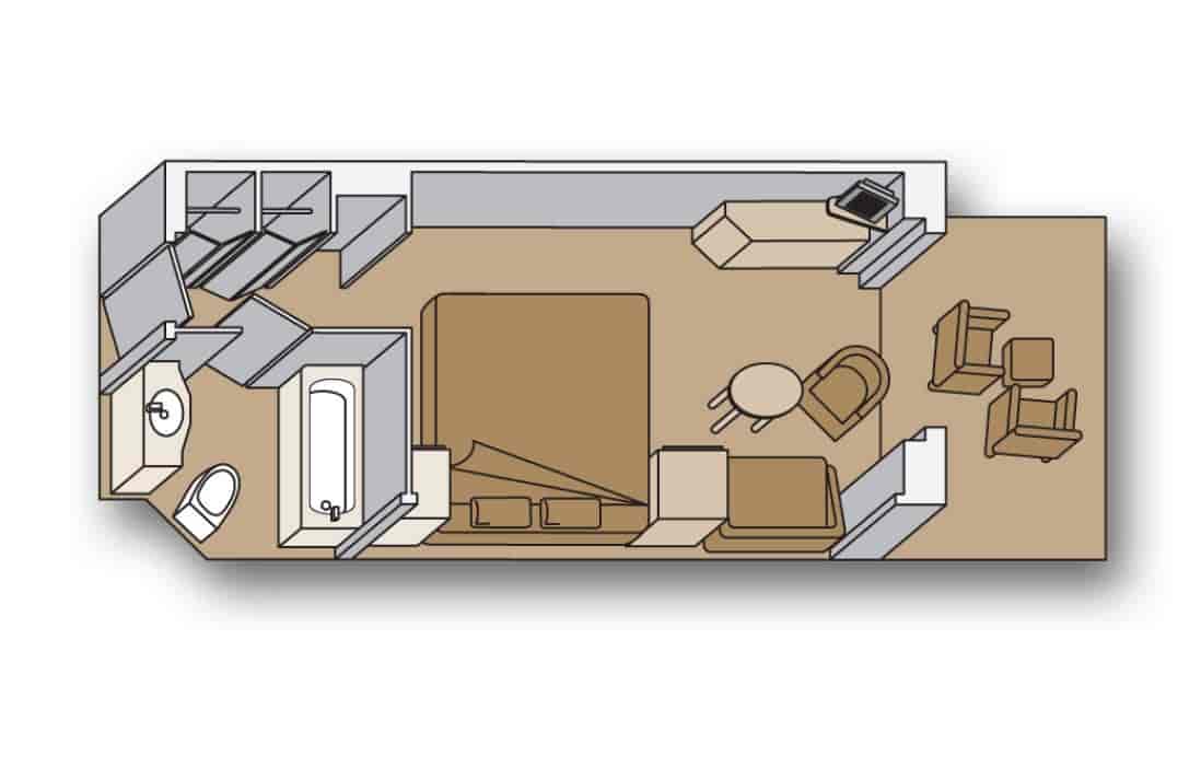 Verandah Stateroom floor plan showing bedroom, seating area, bathroom, and balcony layout.