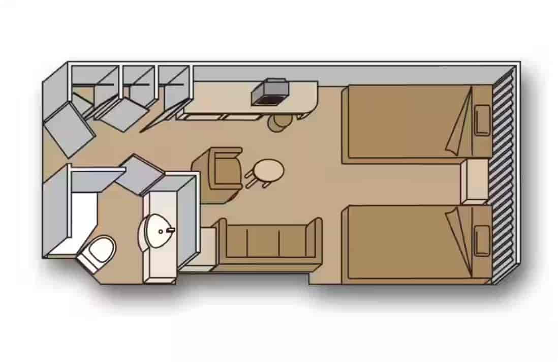 Floor plan of Inside stateroom layout featuring beds, sitting area and bathroom aboard a Holland America cruise ship.