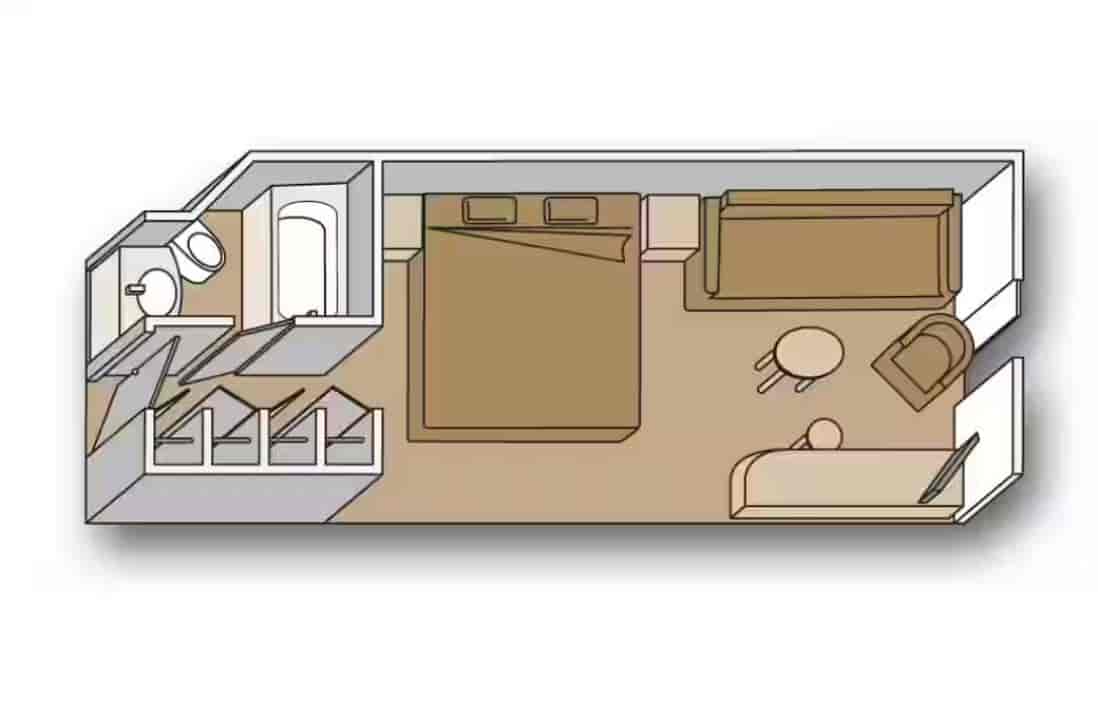 Floor plan of Lanai stateroom layout featuring bed, sitting area and deck access aboard a Holland America cruise ship.