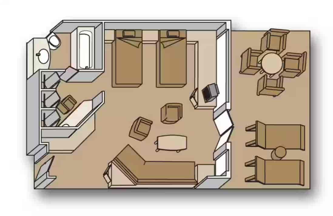 Floor plan of Neptune Suite layout featuring bed, sitting area, and balcony aboard a Holland America cruise ship.