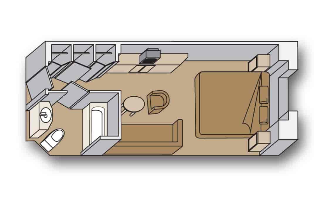Floor plan of Ocean View stateroom layout with bed, sitting area, desk and bathroom aboard a Holland America cruise ship.