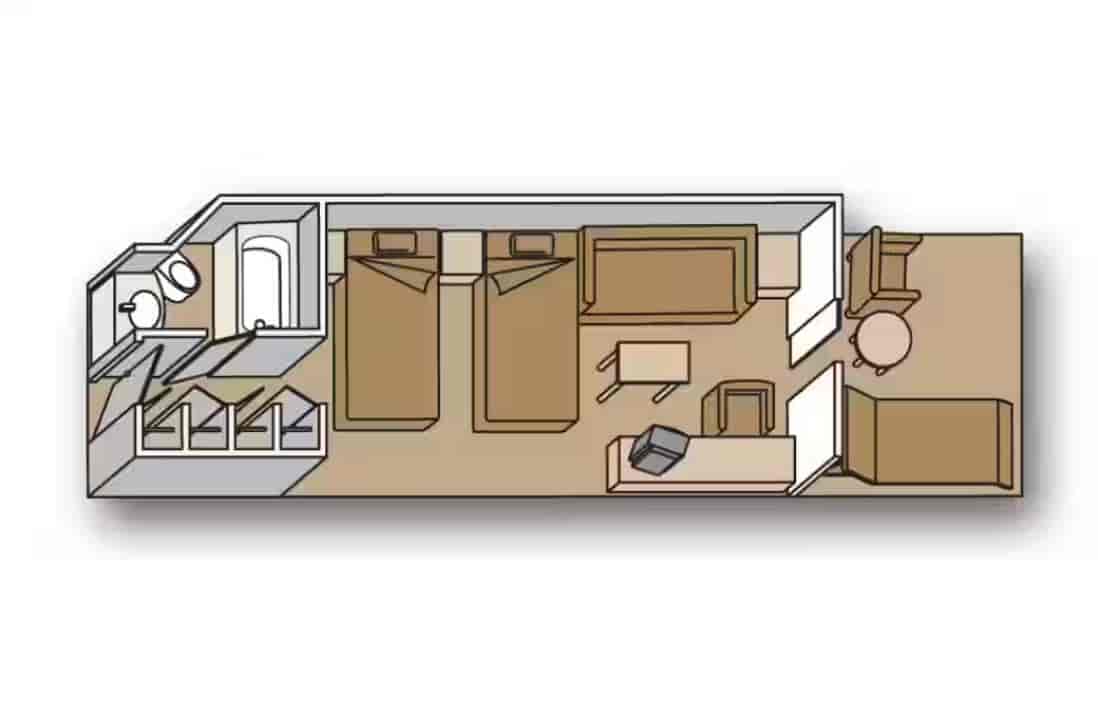 Floor plan of Vista Suite layout featuring bed, sitting area and bathroom aboard a Holland America cruise ship.