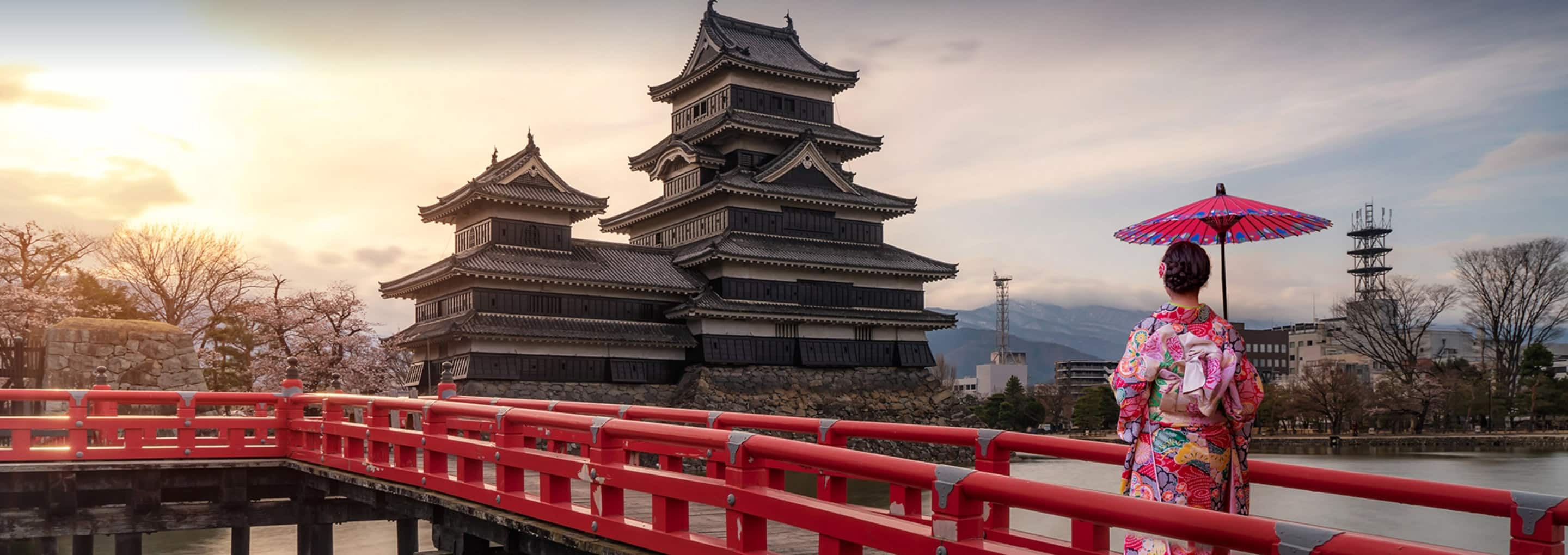 A woman in a kimono holding a parasol walks toward a traditional Japanese structure opens a dialog