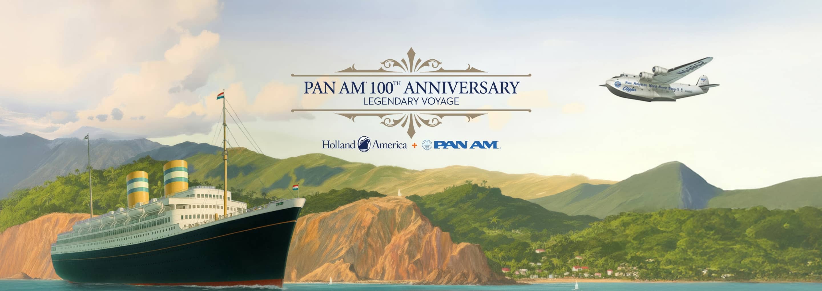 Vintage-style illustration of a Holland America Line cruise ship sailing near lush green mountains with a classic Pan Am® seaplane flying overhead. opens a dialog