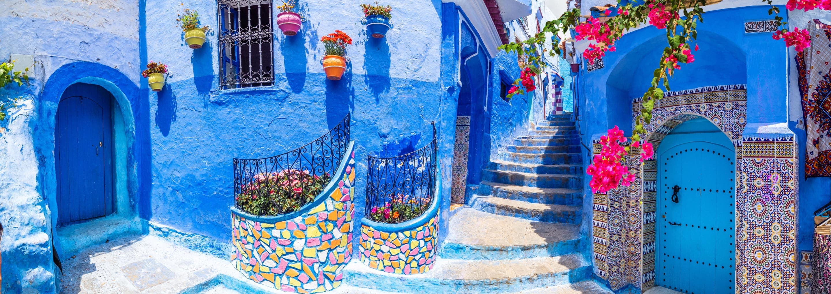Chefchaouen, a city in northwest Morocco, known for its distinctive blue-washed buildings.  opens a dialog