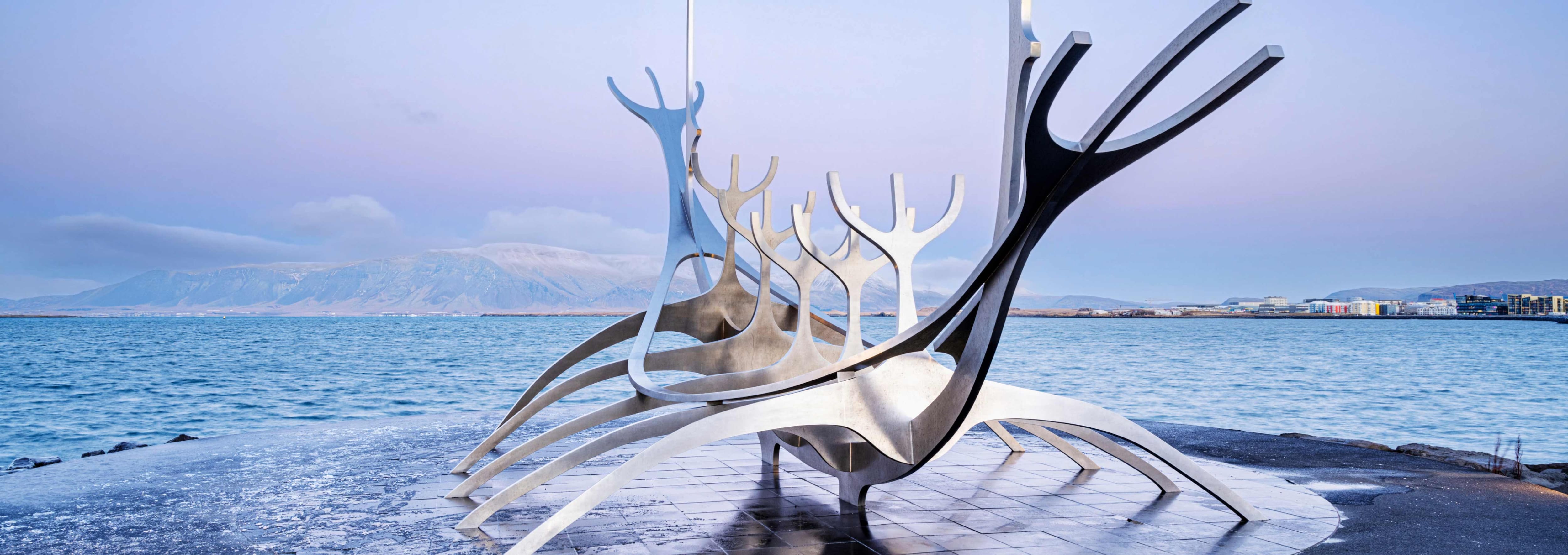Modern sculpture representing viking ship in Reykjavik, Iceland. opens a dialog