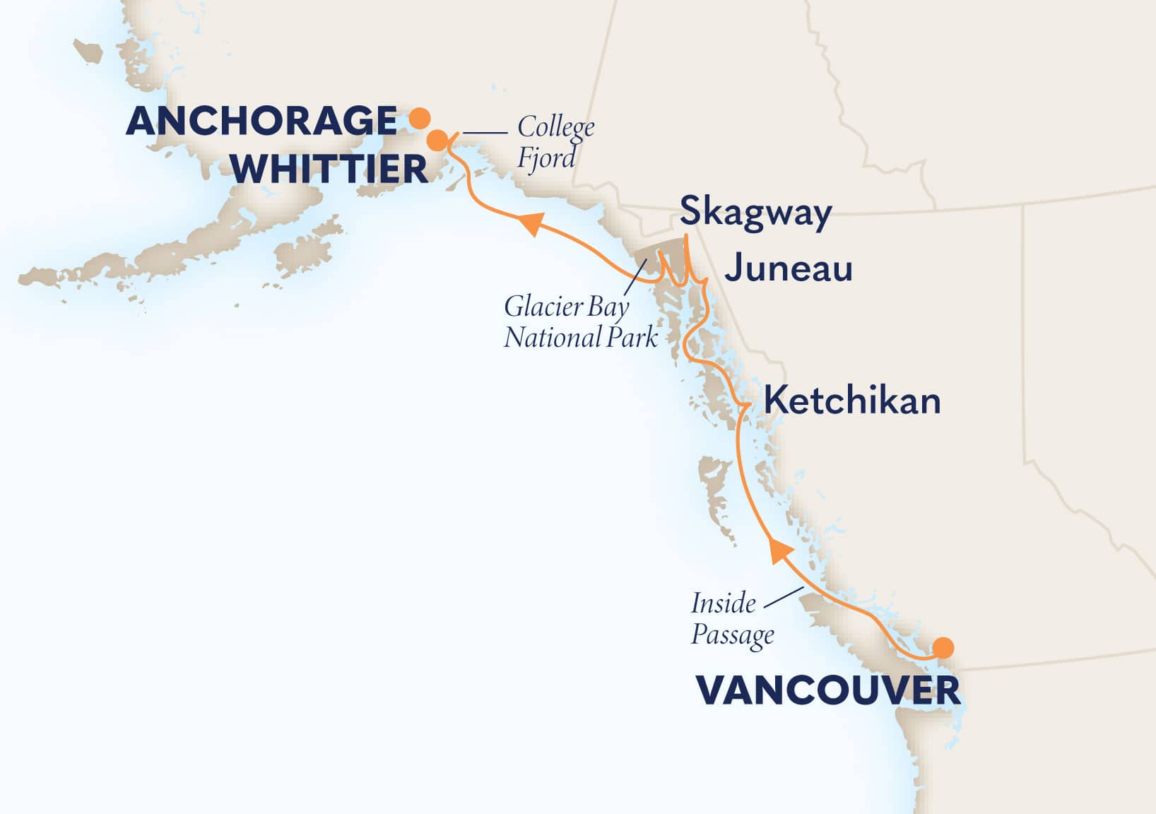7-Day Glacier Discovery Northbound Itinerary Map