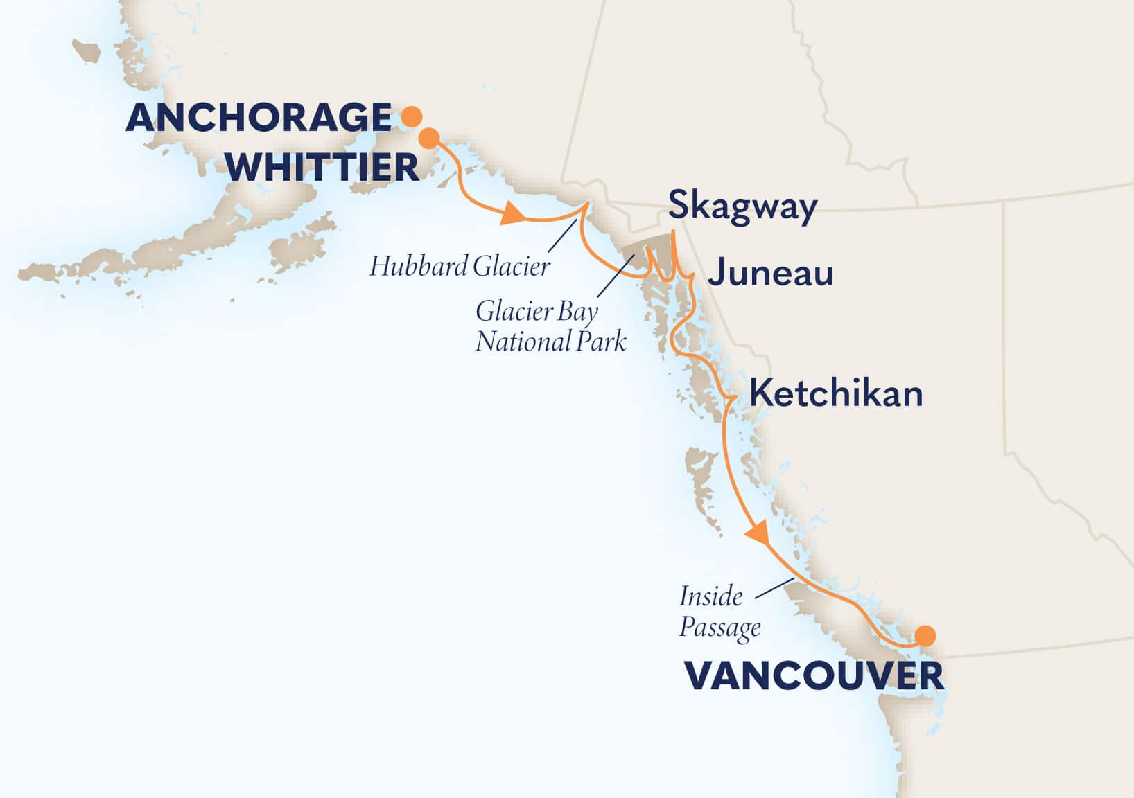 7-Day Glacier Discovery Southbound Itinerary Map