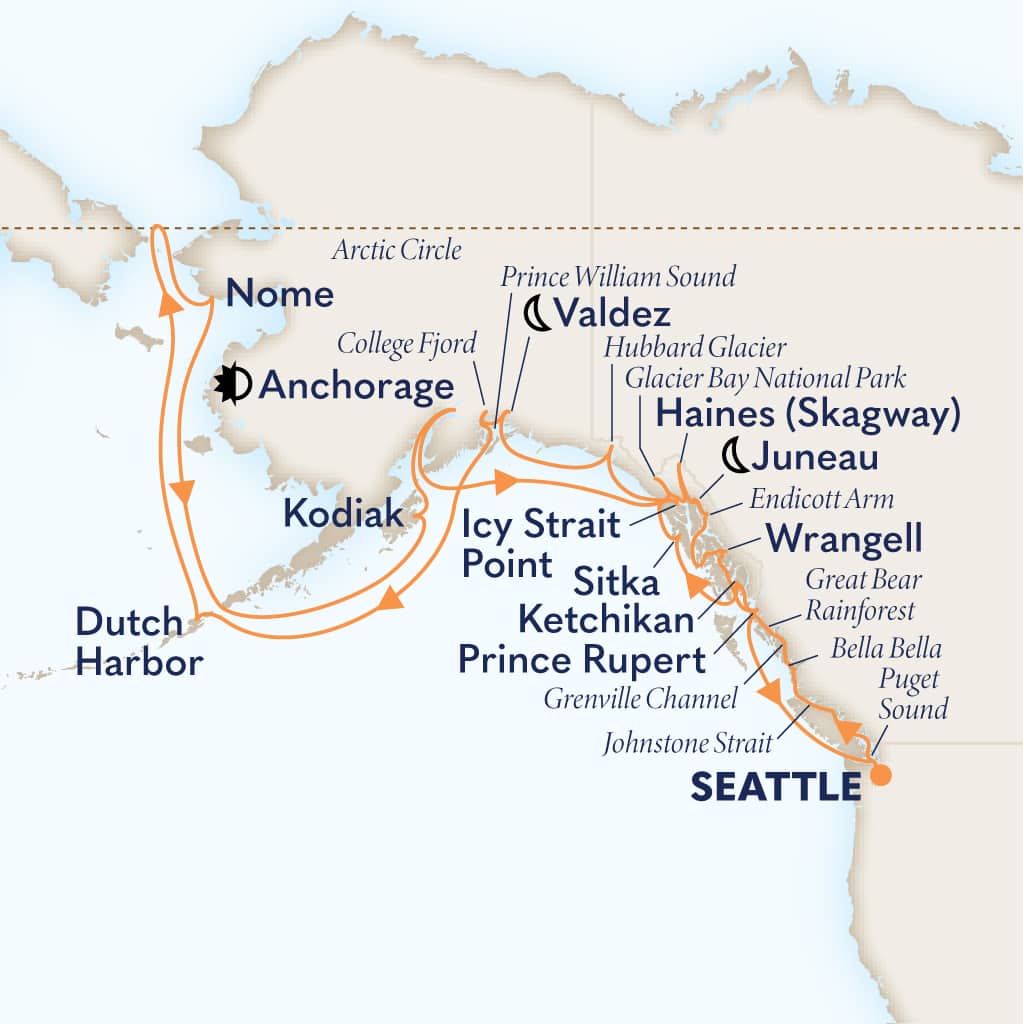 Itinerary map of 28-DAY LEGENDARY ALASKA ARCTIC CIRCLE SOLSTICE