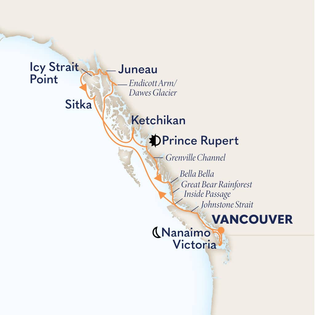 Itinerary map of 11-DAY GREAT BEAR RAINFOREST AND ALASKA EXPLORER