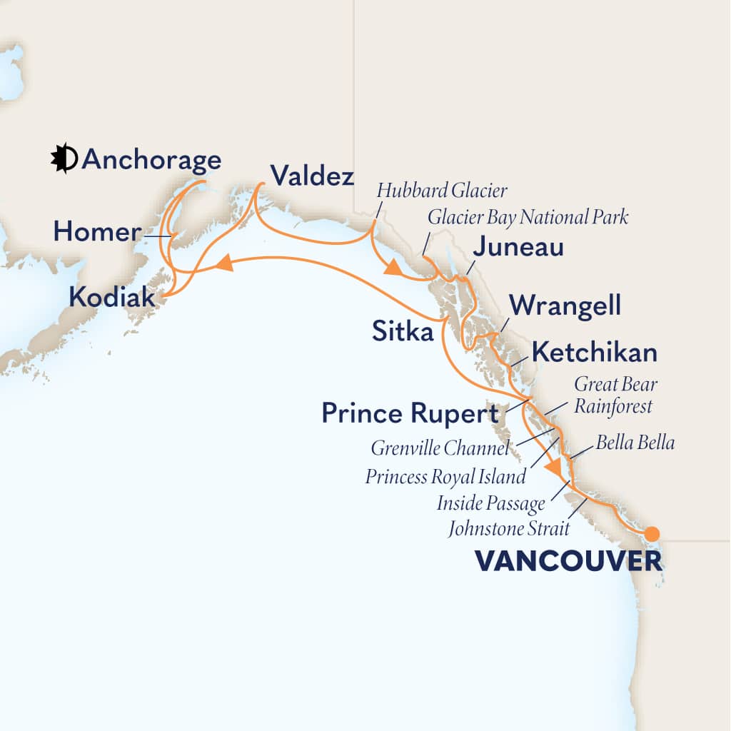 Itinerary map of 18-DAY GREAT BEAR RAINFOREST AND ALASKA EXPLORER