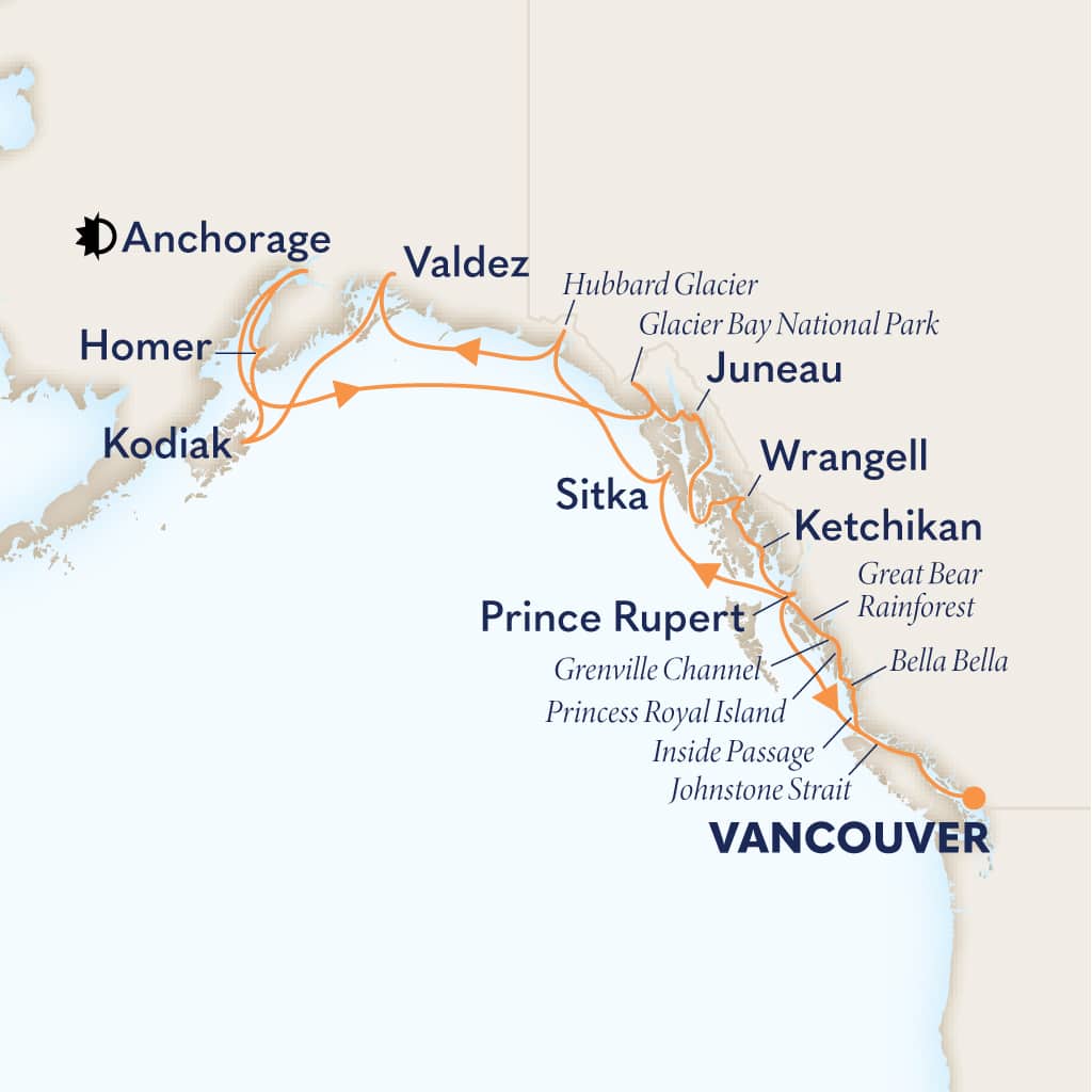 Itinerary map of 18-DAY GREAT BEAR RAINFOREST AND ALASKA EXPLORER
