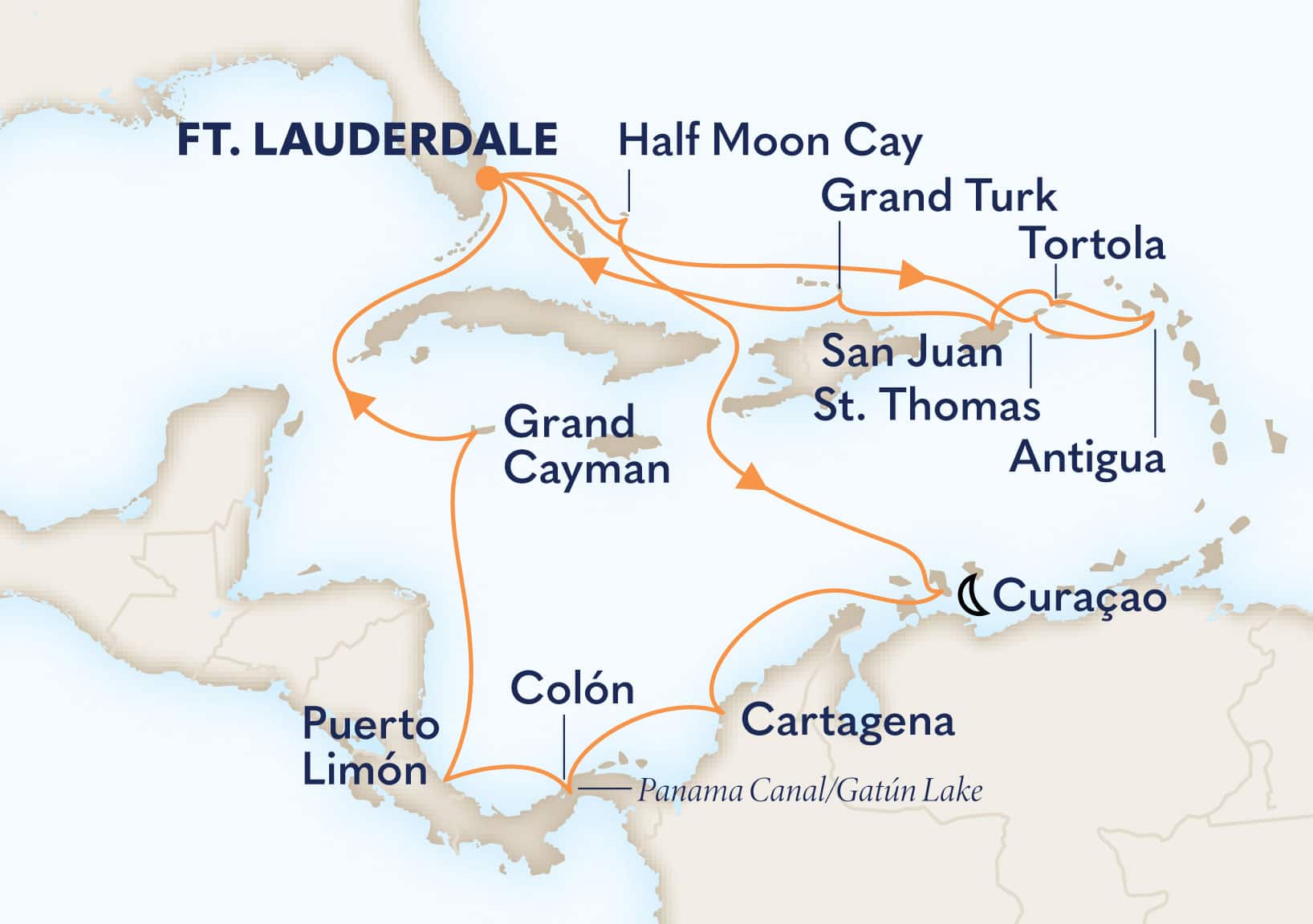 21-Day Eastern Caribbean / Panama Canal Sunfarer Itinerary Map