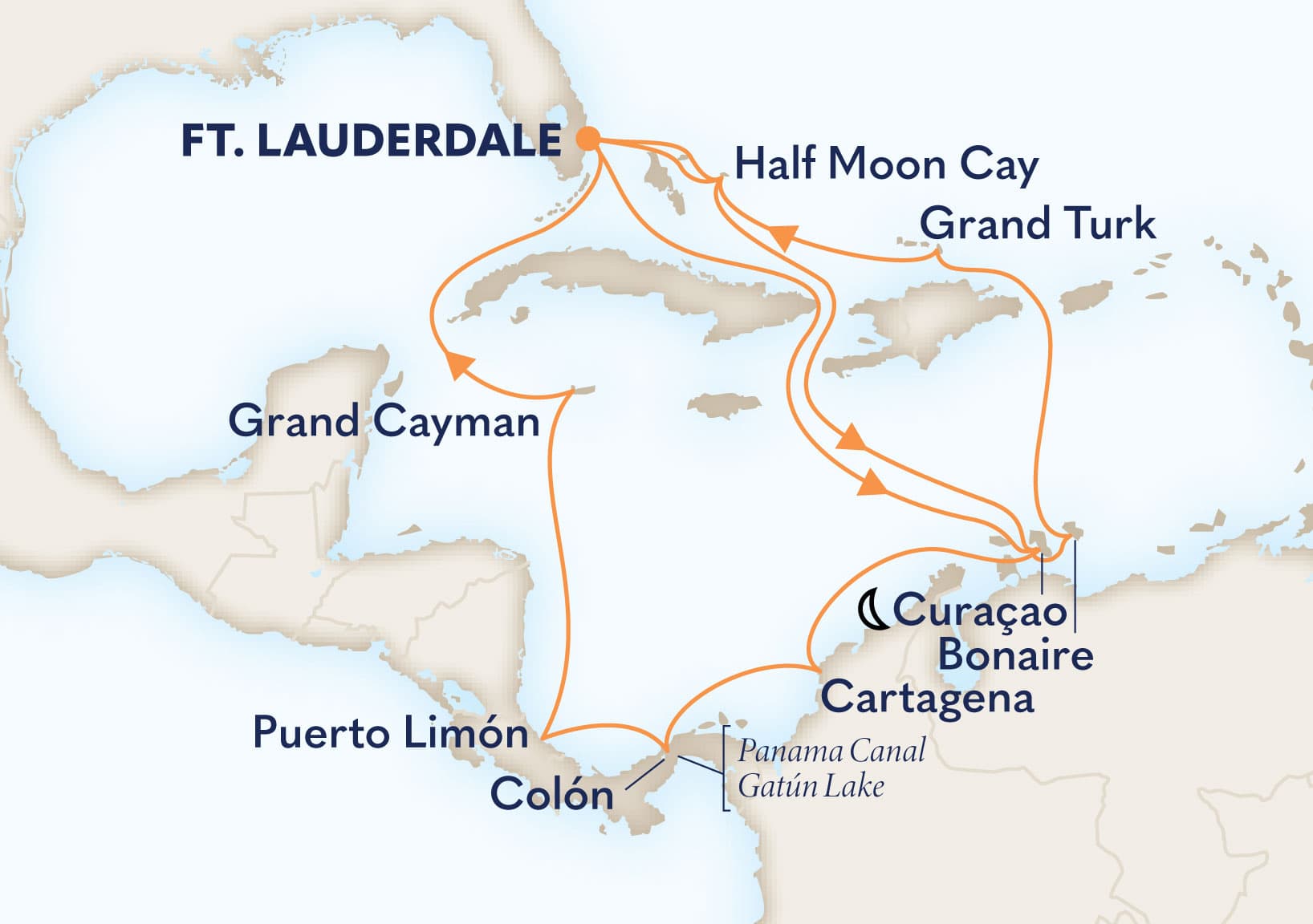 21-Day Panama Canal Sunfarer / Southern Caribbean Seafarer Itinerary Map