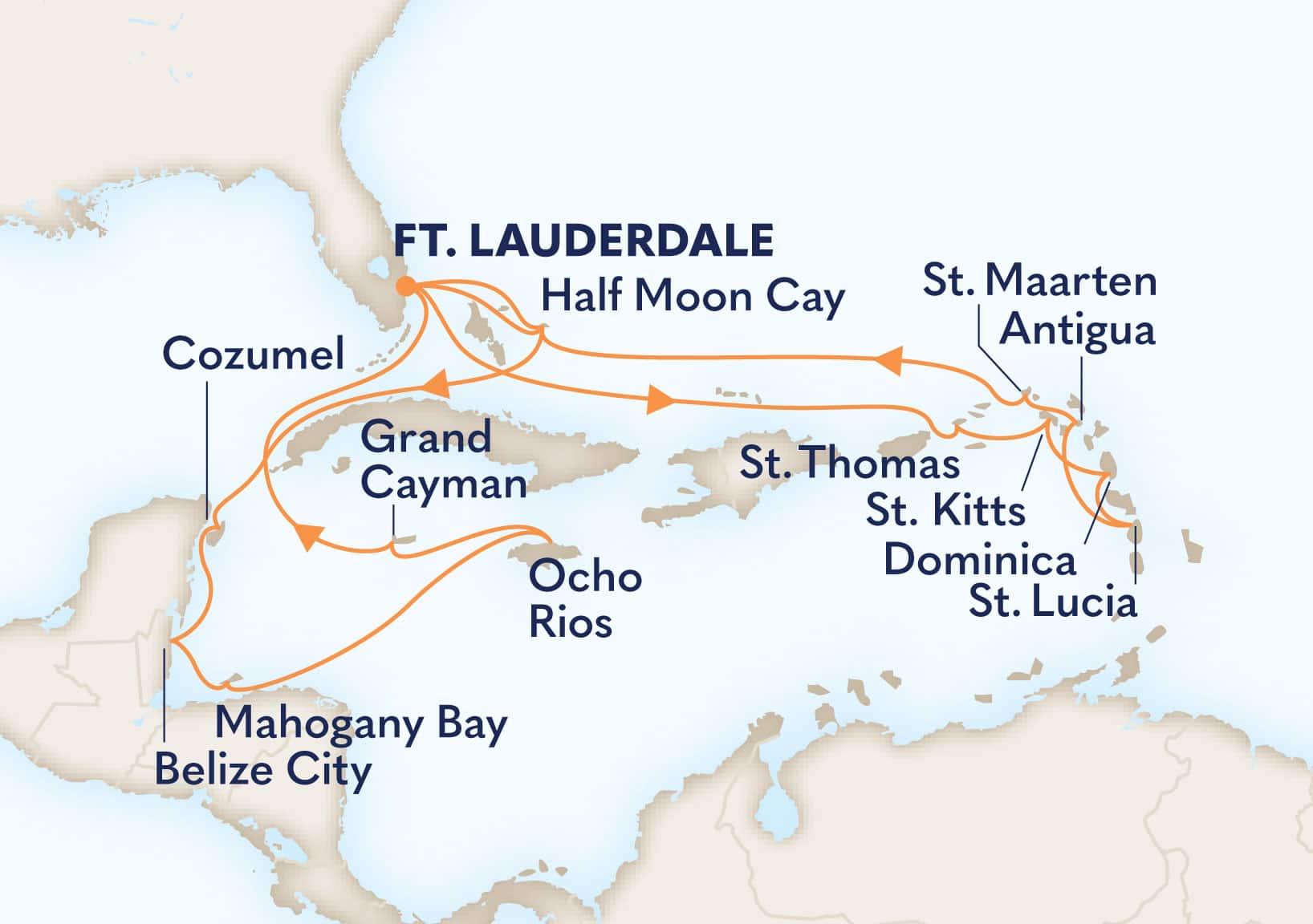 21-Day Eastern Caribbean Wayfarer / Western Explorer Itinerary Map