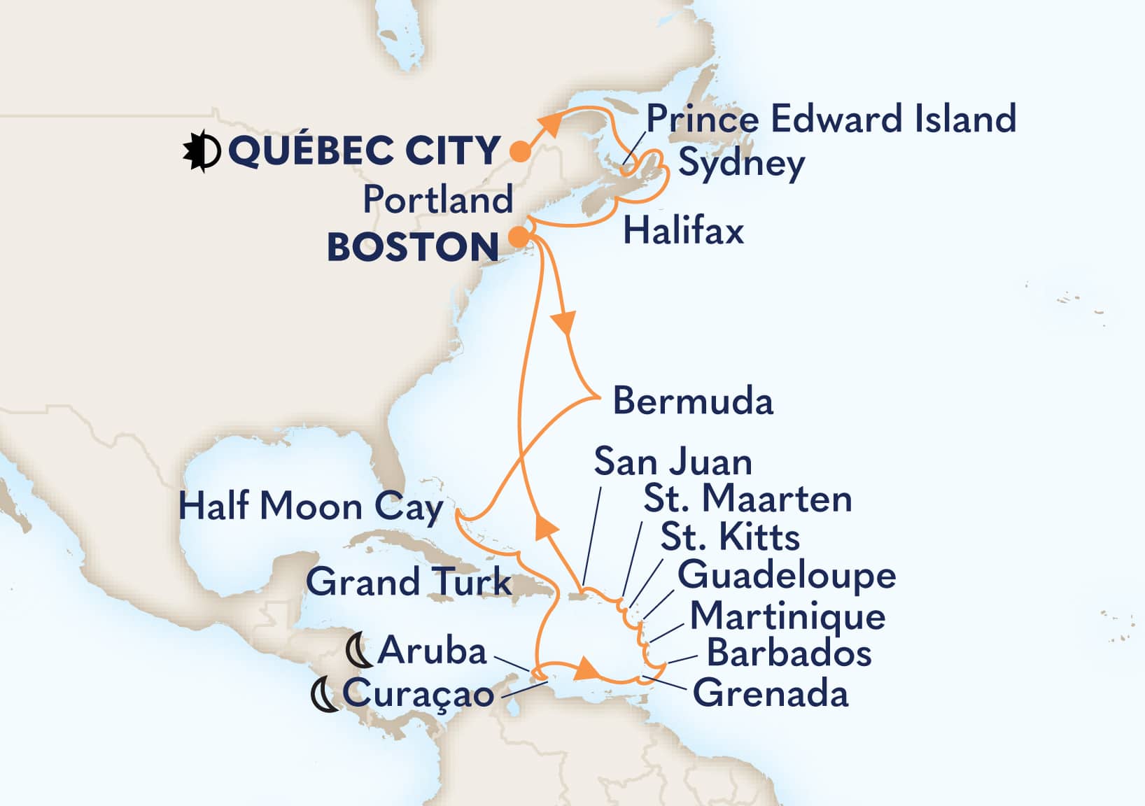 28-Day New England Discovery & Perfect Caribbean Escape Itinerary Map