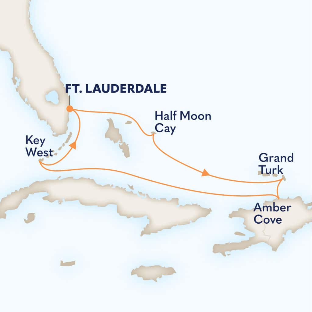 Itinerary Map of 7-Day Tropical Caribbean. Please see the Itinerary section for details.
