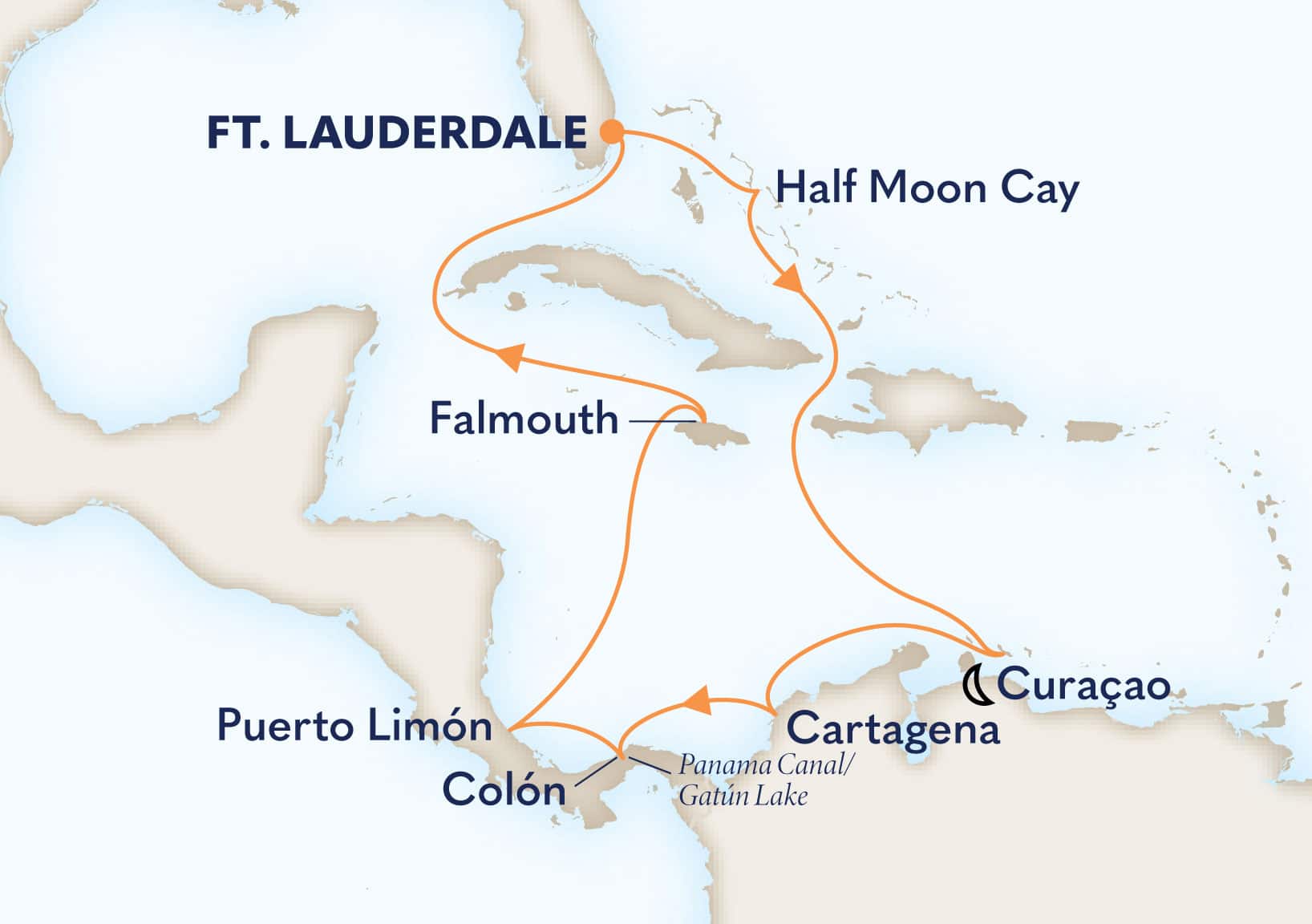 12-Day Panama Canal Holiday: Costa Rica & Greater Antilles Itinerary Map