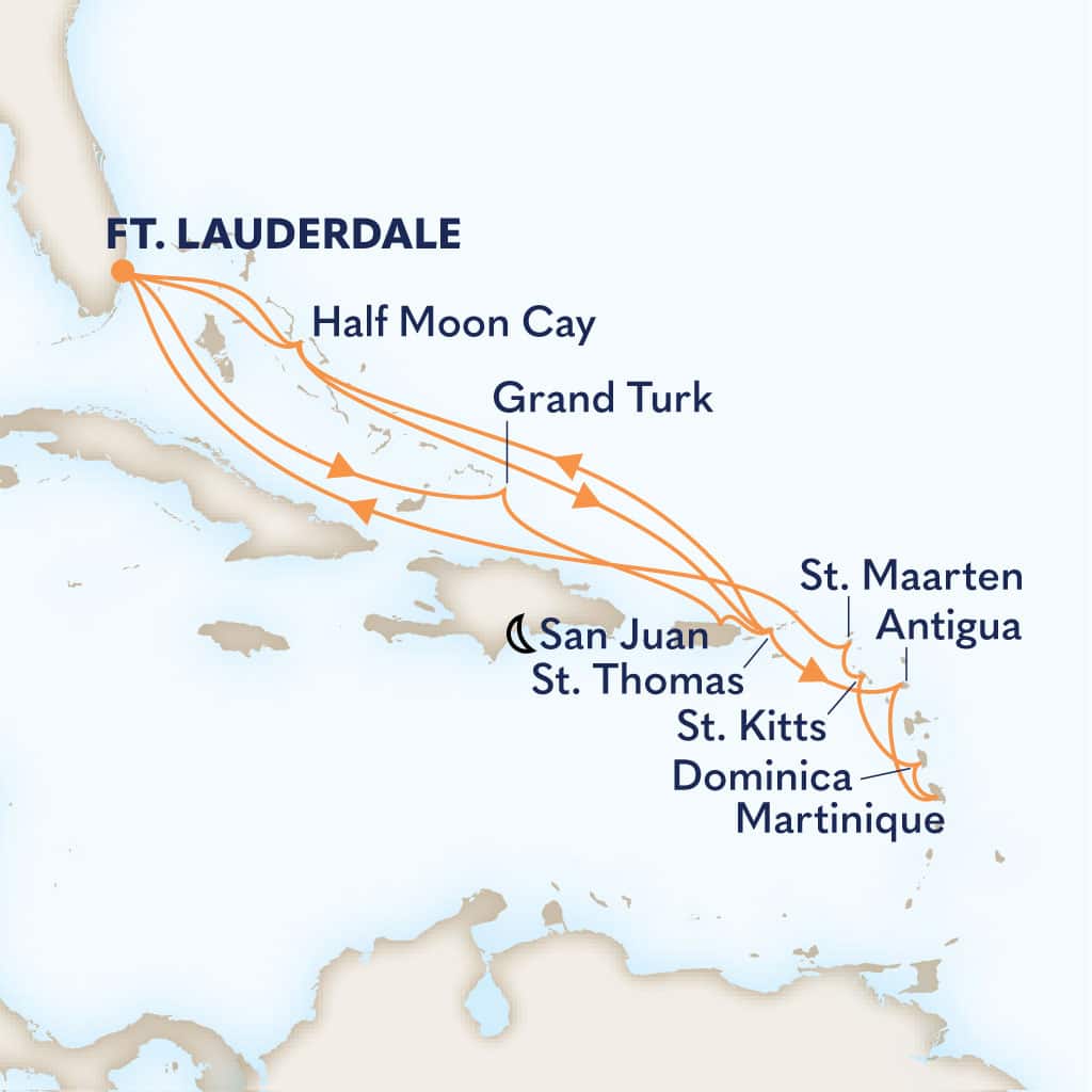 Itinerary map of 18-DAY EASTERN CARIBBEAN: BAHAMAS & SAN JUAN HOLIDAY