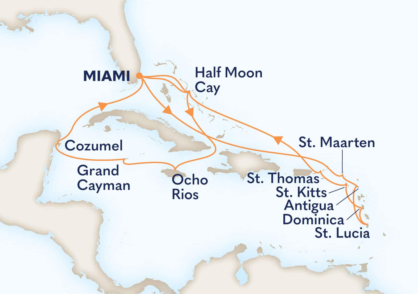 18-Day Eastern & Western Caribbean: Leeward Islands & Mexico Itinerary Map