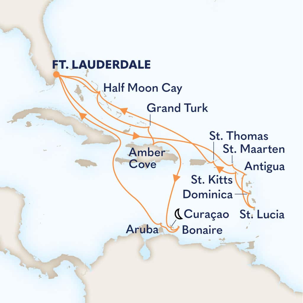 Itinerary map of 21-DAY EASTERN & SOUTHERN CARIBBEAN: LEEWARD & ABC ISLANDS