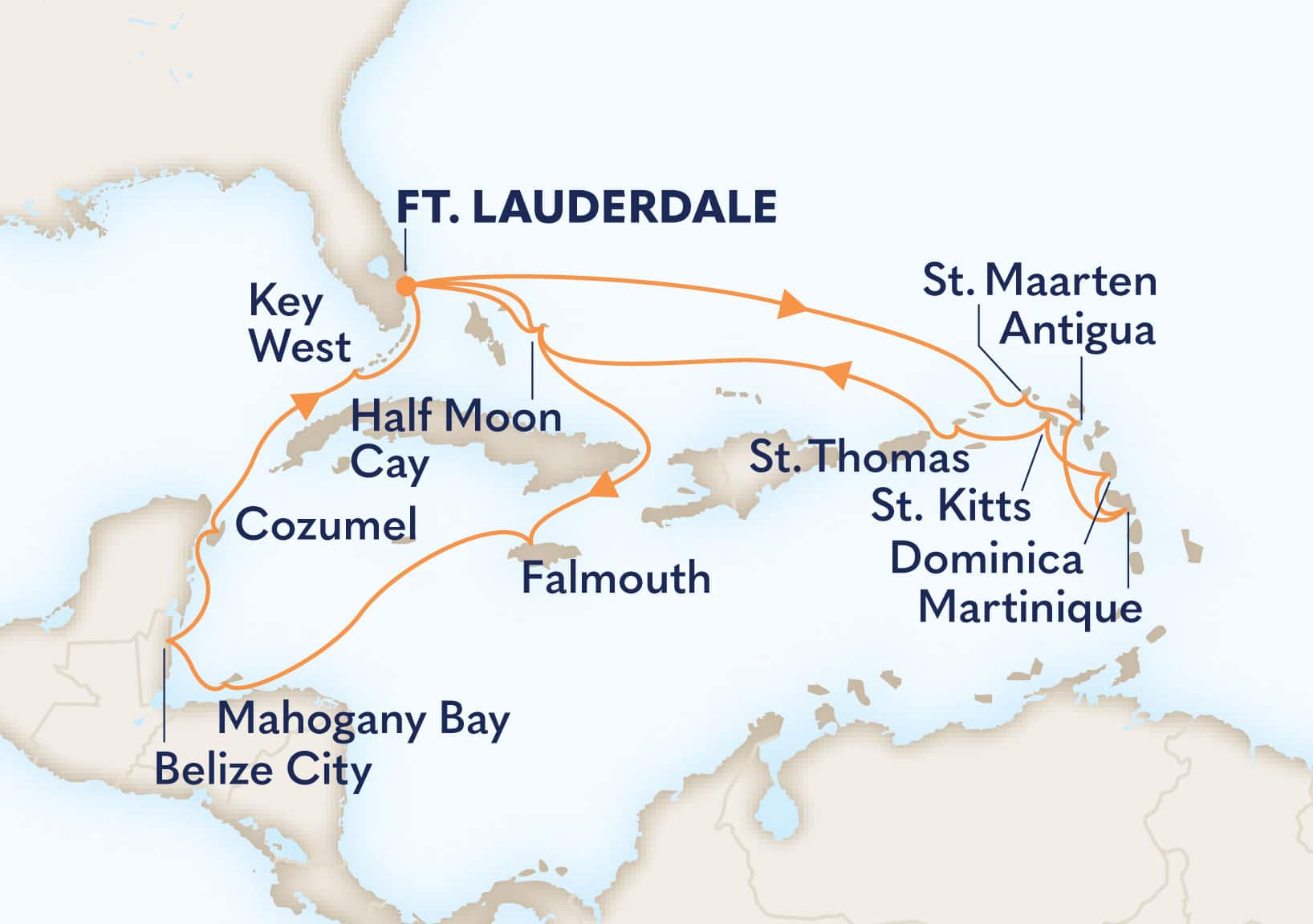 21-Day Western Explorer / Eastern Caribbean Wayfarer Itinerary Map