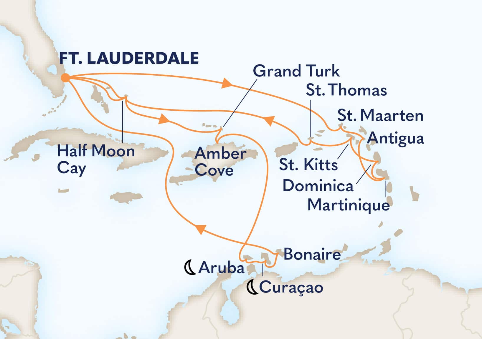 21-Day Eastern Caribbean Wayfarer / Southern Seafarer Itinerary Map