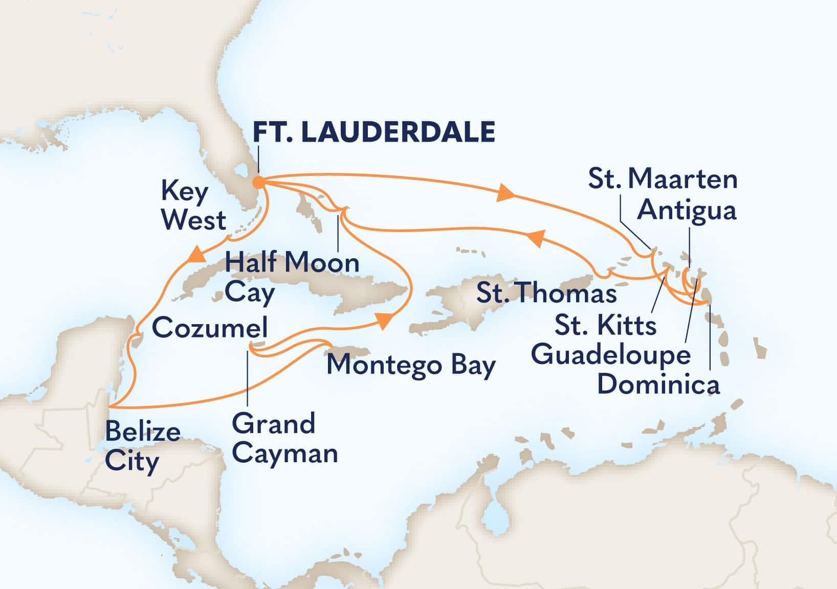 21-Day Western Explorer / Eastern Caribbean Wayfarer Itinerary Map