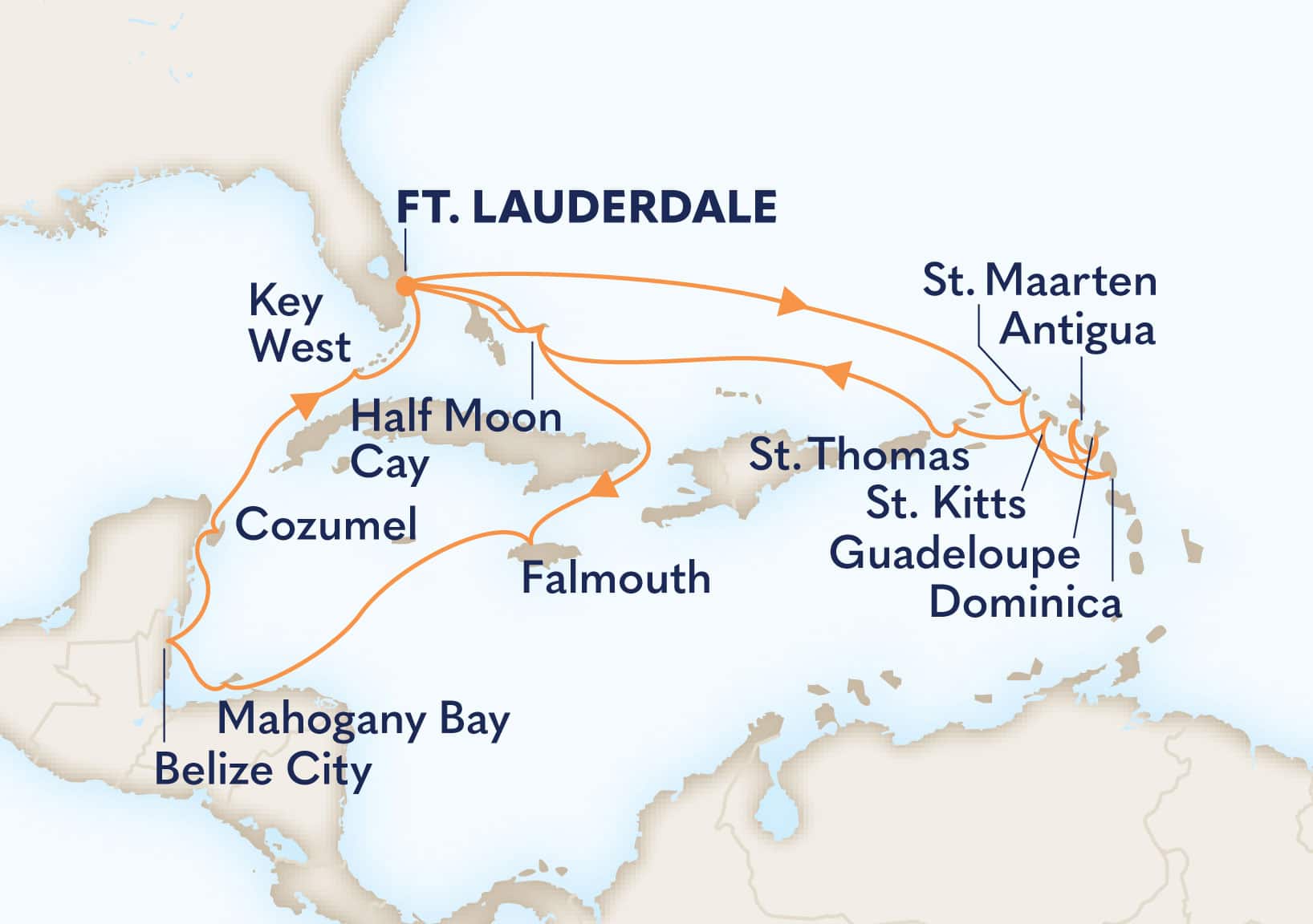 21-Day Eastern Caribbean Wayfarer / Western Explorer Itinerary Map