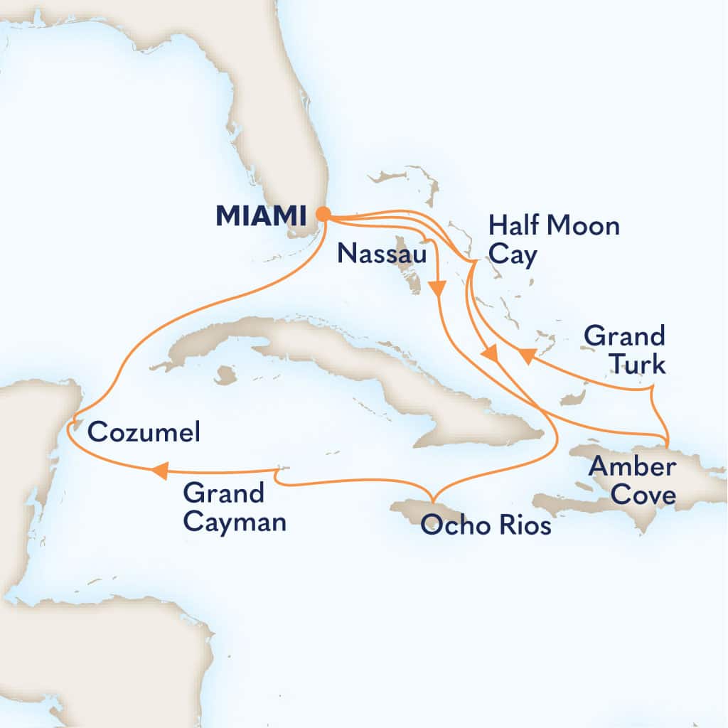 Itinerary map of 14-DAY WESTERN & EASTERN CARIBBEAN: MEXICO & BAHAMAS