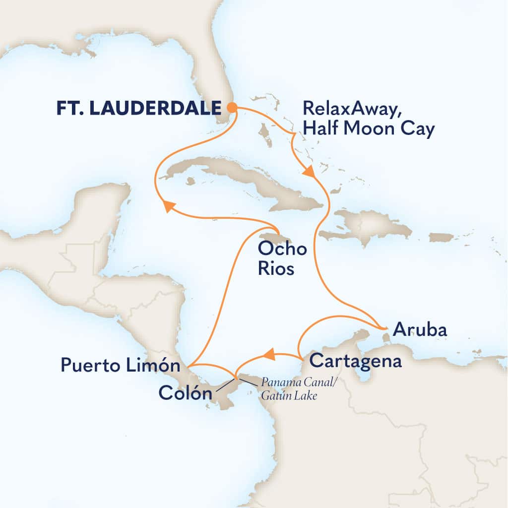 Itinerary map of 12-DAY PANAMA CANAL DISCOVERY: COSTA RICA & GREATER ANTILLES