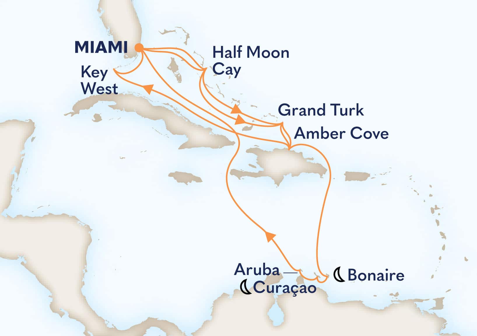 17-Day Southern & Eastern Caribbean: Abc Islands & Bahamas Itinerary Map