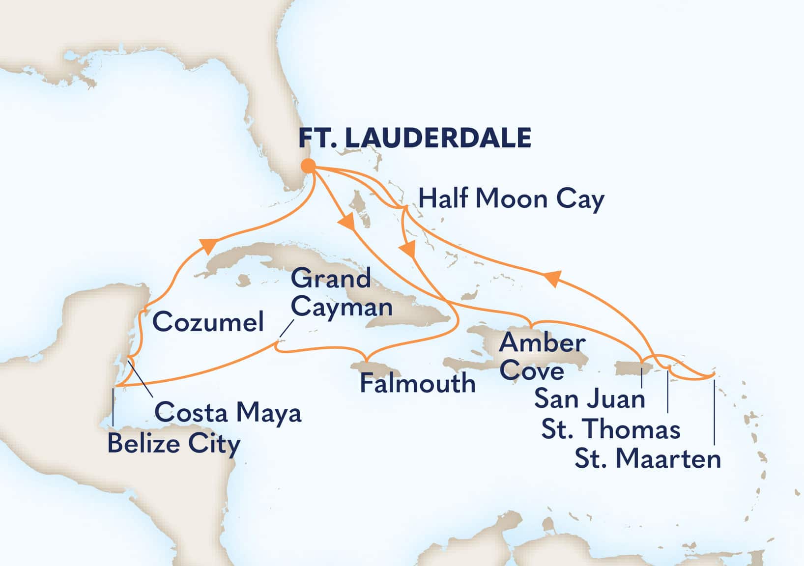 18-Day Western & Eastern Caribbean: Mexico & San Juan Itinerary Map