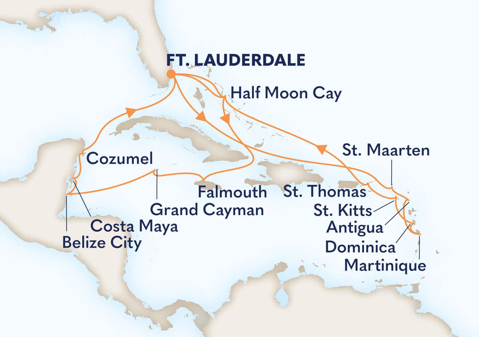 21-Day Eastern & Western Caribbean: Leeward Islands & Mexico Itinerary Map