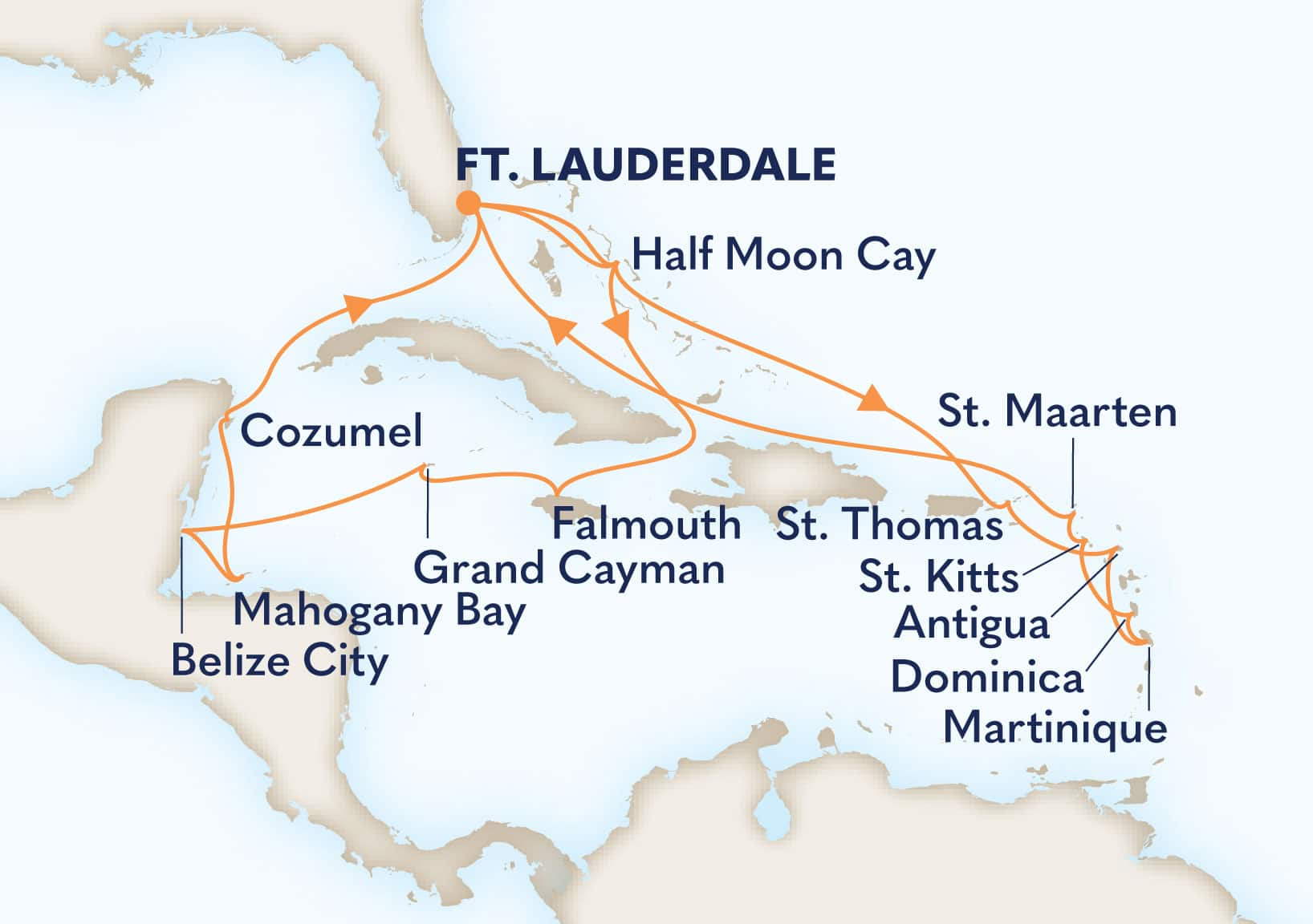 21-Day Eastern & Western Caribbean: Leeward Islands & Mexico Itinerary Map