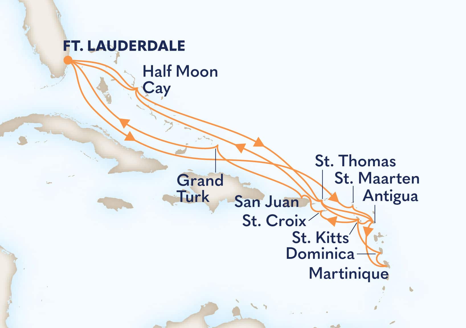 21-Day Eastern Caribbean: Leeward & U.S. Virgin Islands Itinerary Map