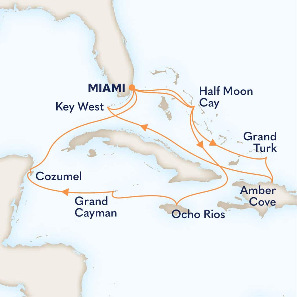 Itinerary map of 14-DAY WESTERN & EASTERN CARIBBEAN: MEXICO & BAHAMAS