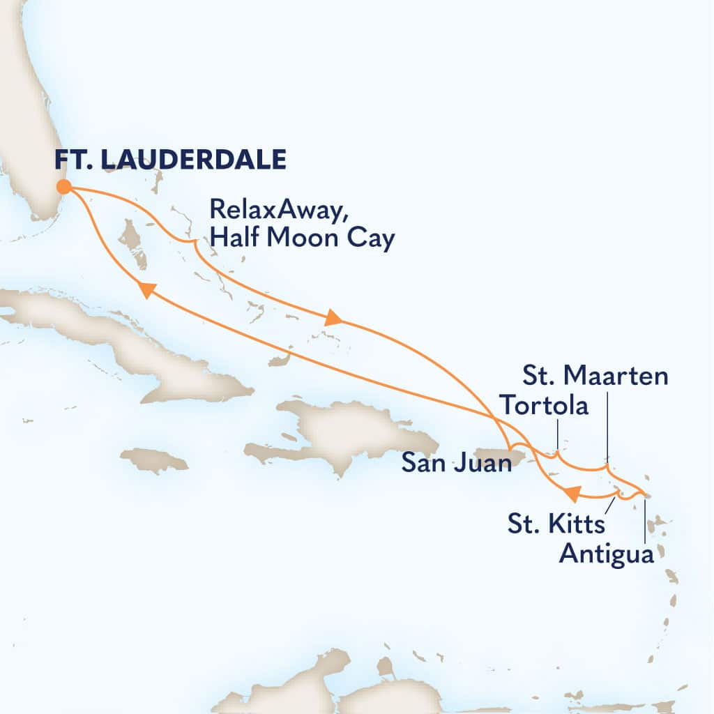 Itinerary map of 10-DAY EASTERN CARIBBEAN: ST. MAARTEN, ANTIGUA & BAHAMAS