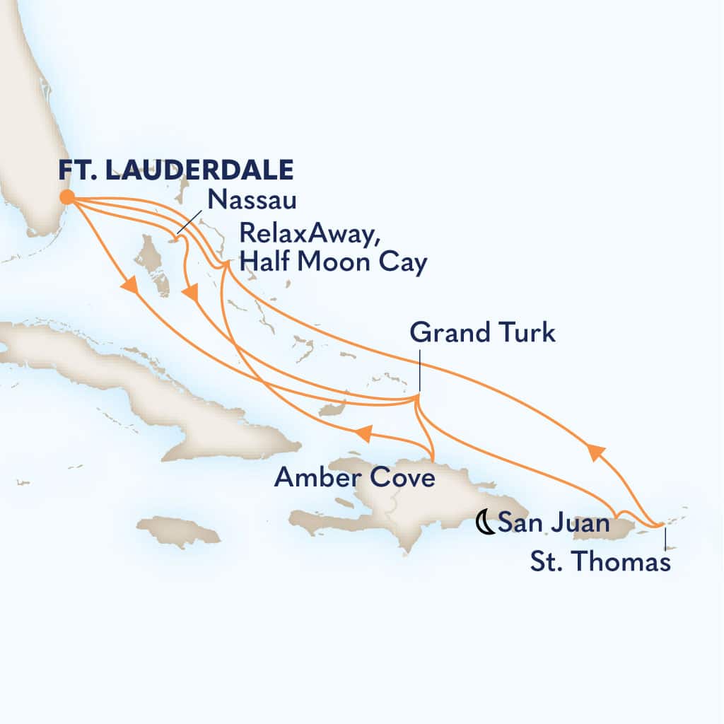 Itinerary map of 14-DAY EASTERN CARIBBEAN: BAHAMAS & SAN JUAN