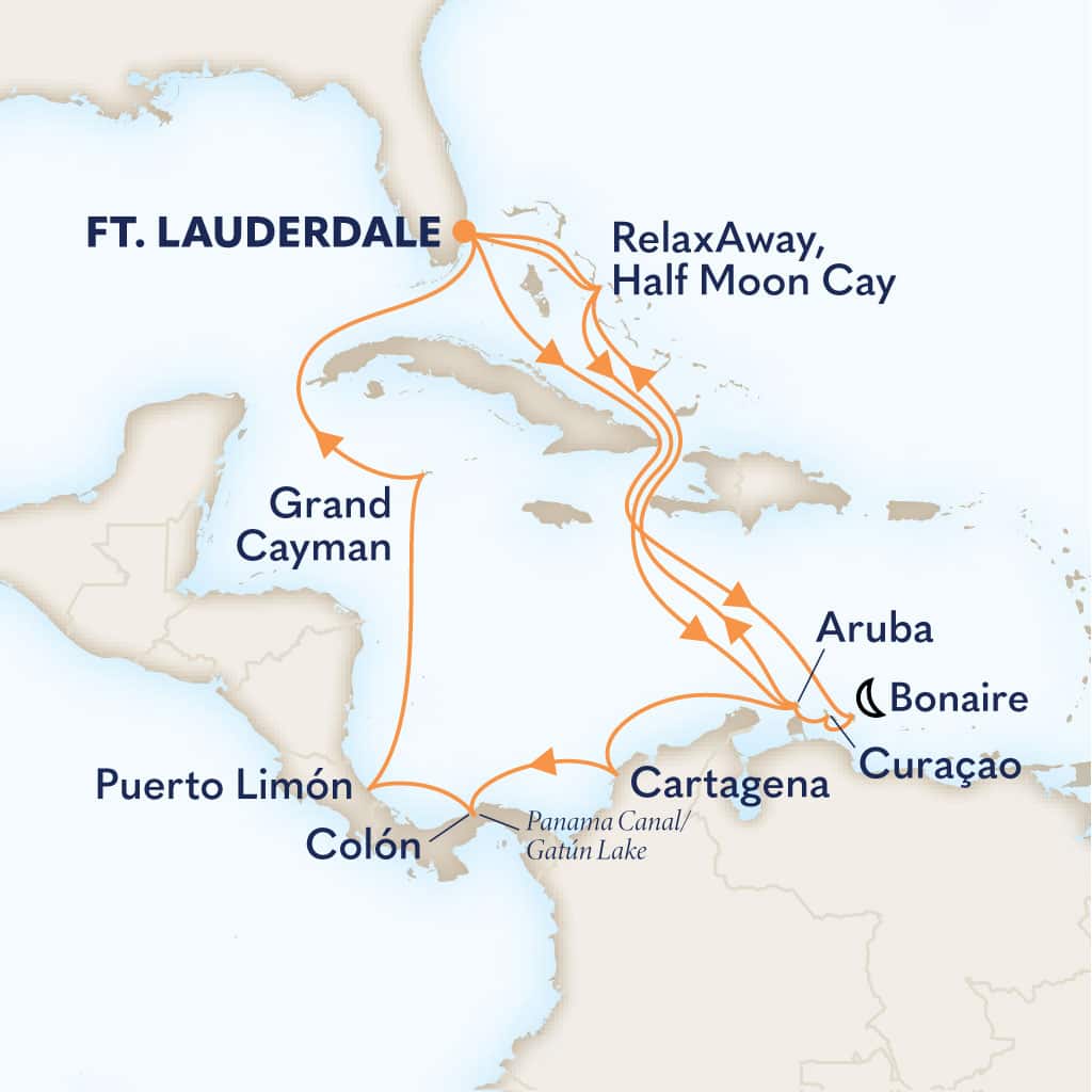Itinerary map of 21-DAY SOUTHERN CARIBBEAN & PANAMA CANAL: ABC ISLANDS