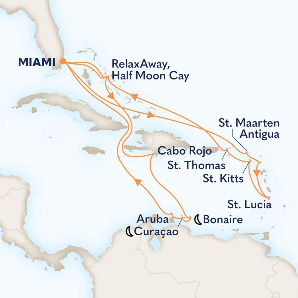 Itinerary map of 20-DAY SOUTHERN & EASTERN CARIBBEAN: ABC & LEEWARD ISLANDS