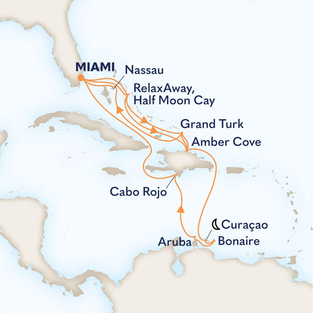 Itinerary map of 18-DAY EASTERN/SOUTHERN CARIBBEAN: AMBER COVE & ABC ISLANDS