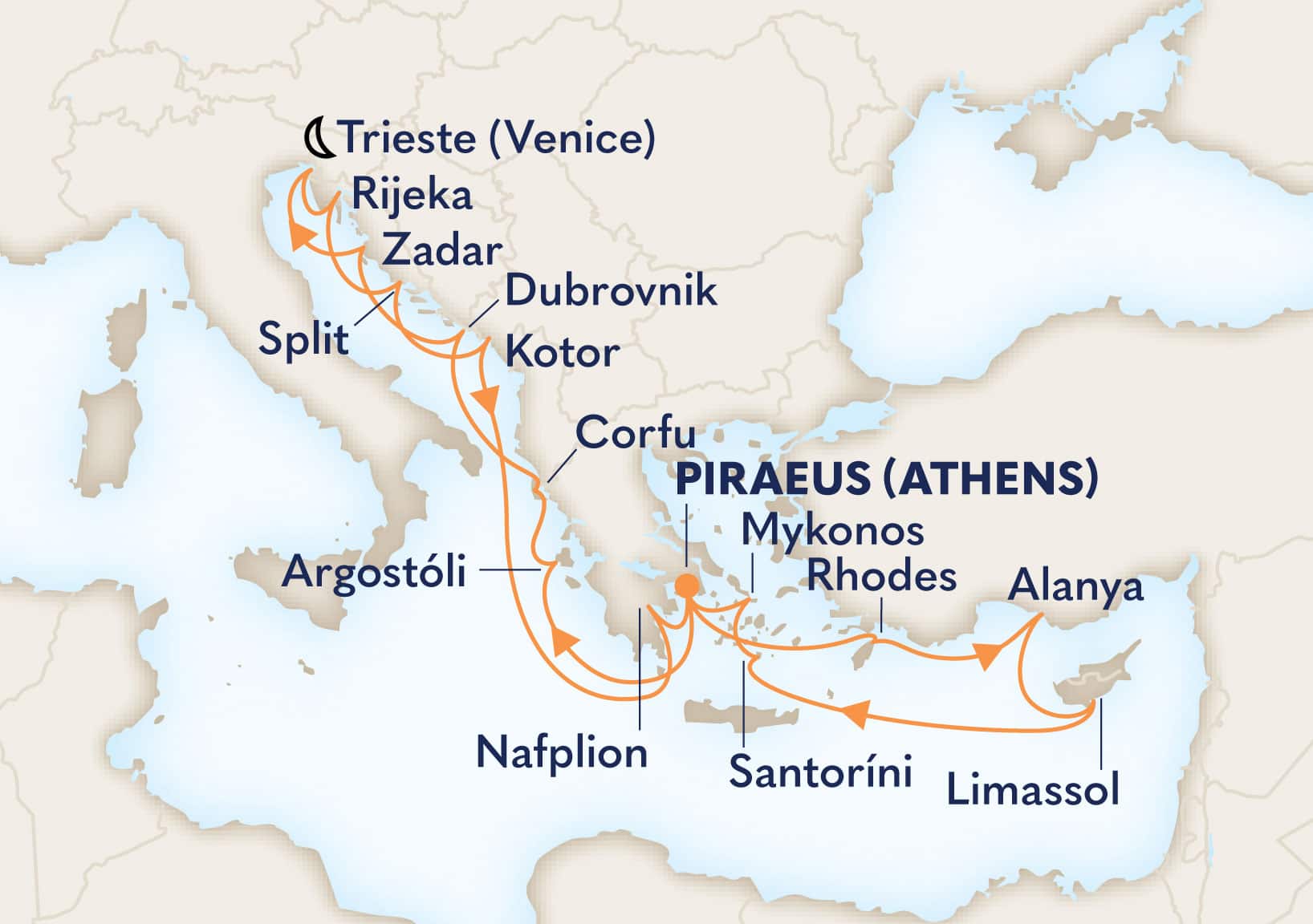 MapDepicting 18-Day Jewels Of The Mediterranean & Dalmation Delight Departs Piraeus (Athens), Greece  Arrive Piraeus (Athens), Greece