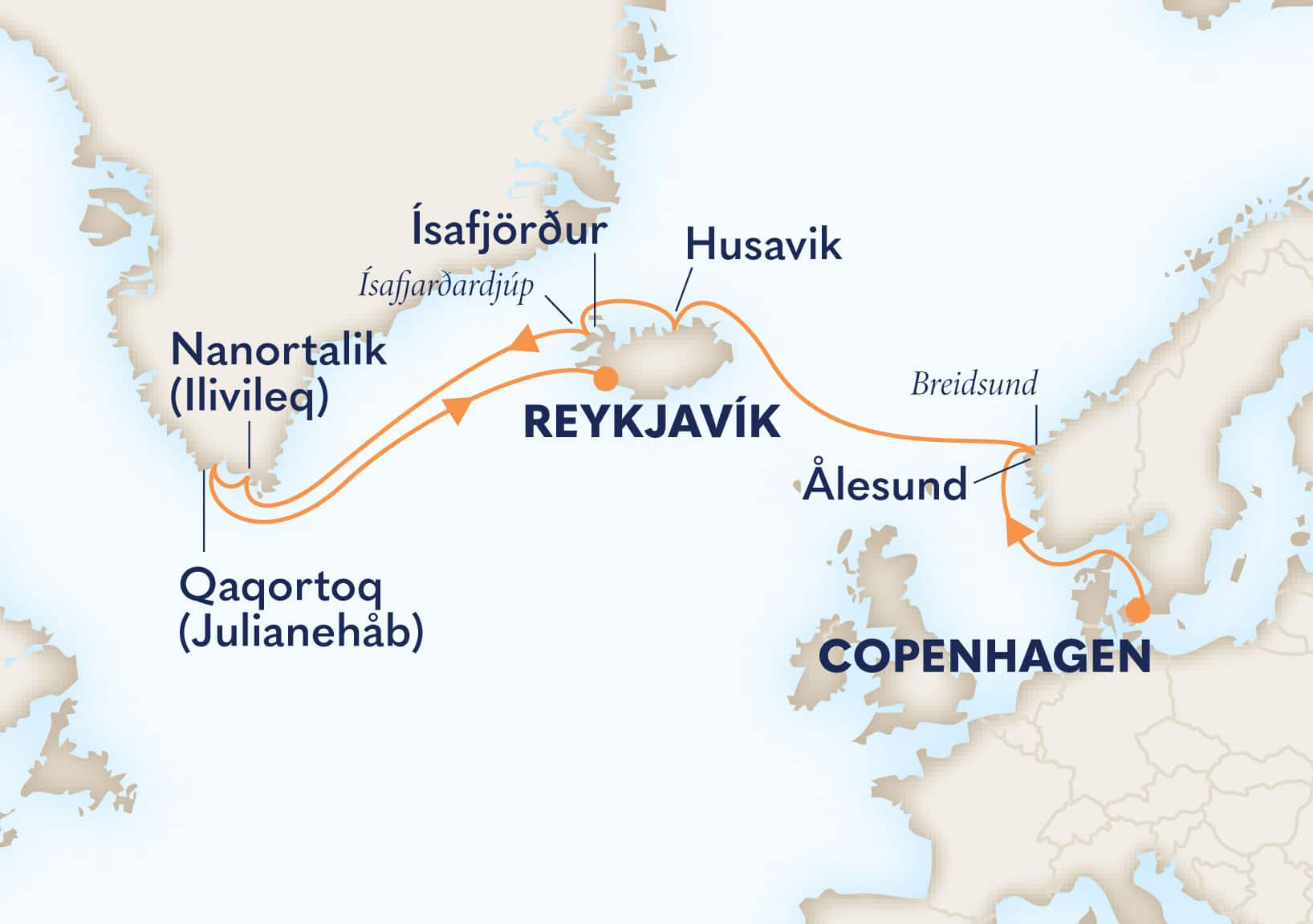 MapDepicting 11-DAY ICELAND & GREENLAND PASSAGE Departs Reykjavik, Iceland Arrive Copenhagen, Denmark